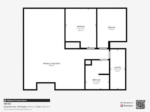 A floor plan of a property with a kitchen, living room, and two bedrooms.
